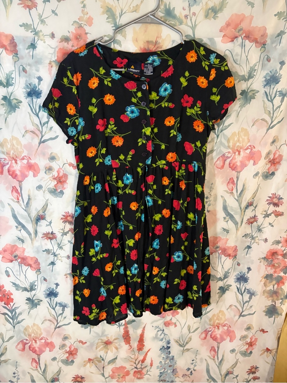 Black Floral Button-Front Mini Dress with Bright Multicolor Blooms